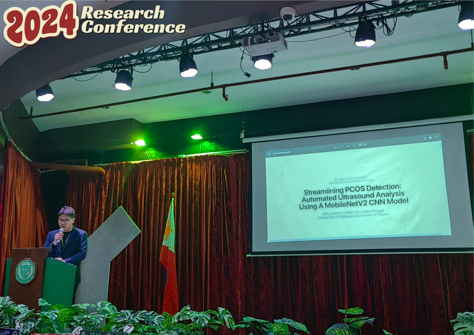Joaquin Valdez delivering research presentation as Research Presenter at Research Conference 2024 academic event at Our Lady of Fatima University Quezon City Campus